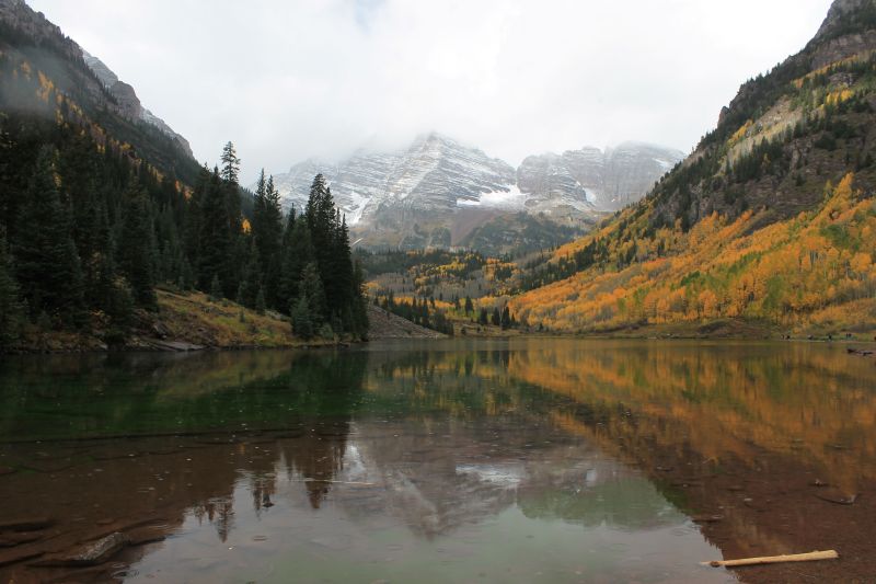 Maroon Bells with snowy sky